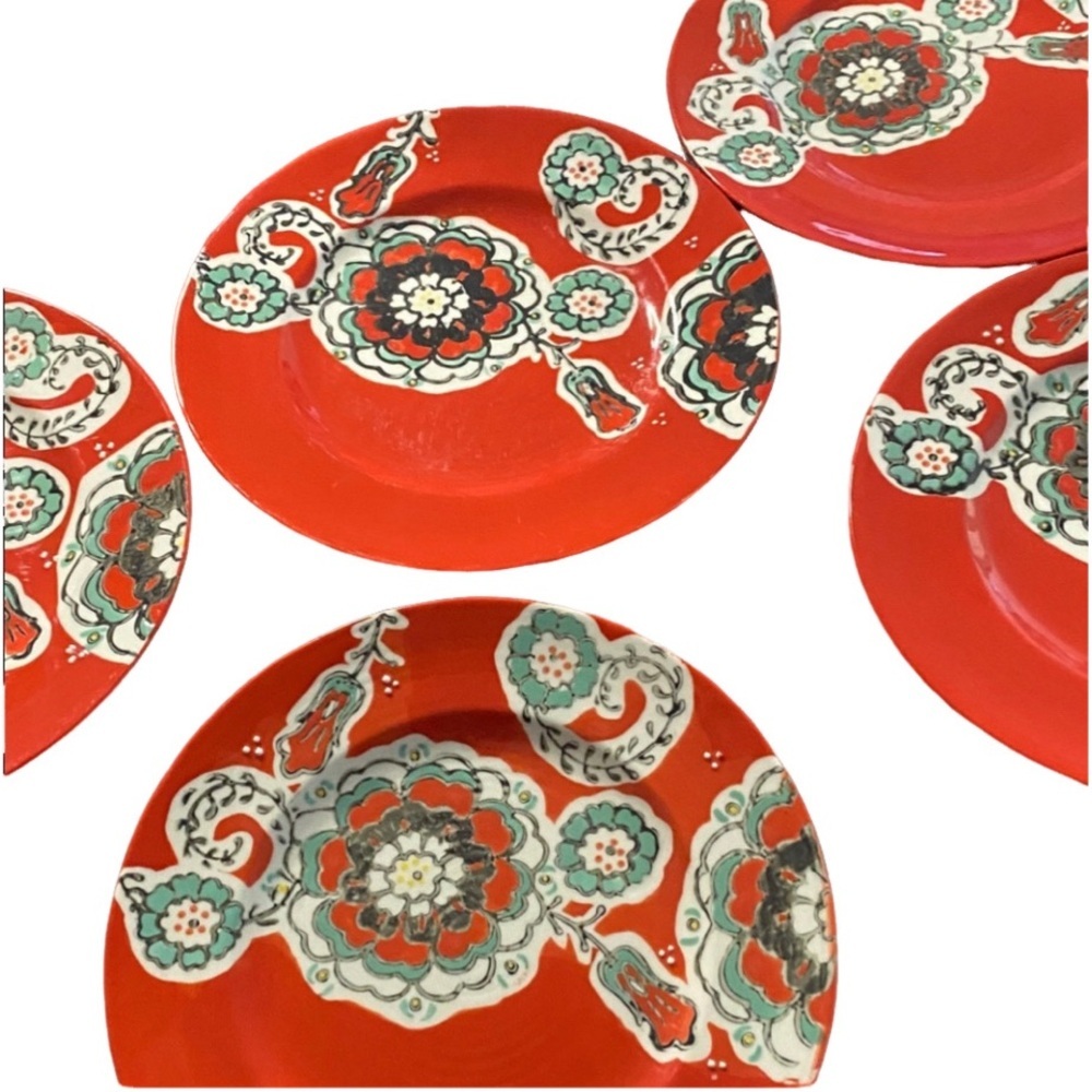 Anthropologie Vibrant Red Decorative Plate with Floral Design. Set of 5.